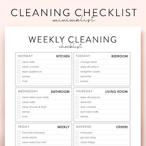 May include: A printable cleaning checklist with a minimalist design. The checklist is divided into daily tasks for each room of the house, including the kitchen, bedroom, bathroom, living room, and weekly tasks.