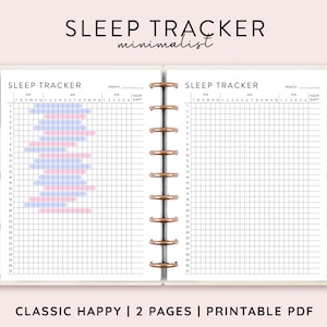 May include: A printable sleep tracker with two pages. The left page has a filled-in example of how to use the tracker. The right page is blank. The tracker has a grid with hours of the day marked on the top and days of the month marked on the side. The text "SLEEP TRACKER minimalist" is at the top of the page.