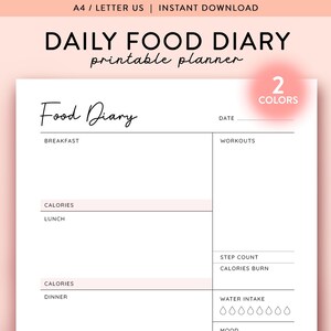 Daily Food Diary Printable, Daily Food Journal, Meal Planner, Daily Calorie Tracker, Calorie Counting, Daily Food Planner, Meal Journal