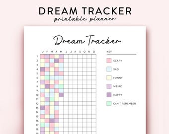May include: A printable dream tracker planner with a grid for each month of the year. The grid is color-coded to track different dream emotions: scary, sad, funny, weird, happy, and can't remember.