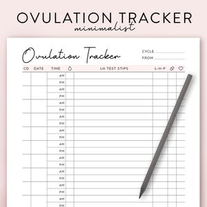 Puede incluir: Un rastreador de ovulación imprimible con un diseño minimalista. El rastreador incluye columnas para el día del ciclo, la fecha, la hora, las tiras de prueba de LH y una sección para el seguimiento del moco cervical.