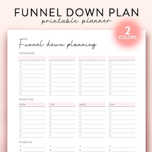 Op de afbeelding: Printbare trechter-down planning-werkblad met categorieën, prioriteren en plannen-secties. Het werkblad is verdeeld in vier kolommen voor maandag, dinsdag, woensdag en donderdag. Het werkblad is in zwart-wit met een roze achtergrond.