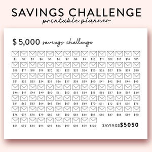 May include: A printable savings challenge tracker with a black and white design. The tracker features 100 envelopes, each representing $1 to $100. The text "$5,000 savings challenge" and "SAVINGS $5050" are included.
