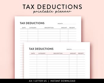 Tax Deduction Tracker Printable, Financial planner Printable, Business Tax Log, Purchase Records, Tax Organizer, Budget Planner