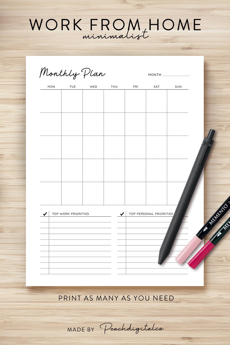 Monthly Weekly Printable Work From Home Planner Personal Daily Planner, Productivity Planner, Daily Hourly Planner, Work Daily Planner