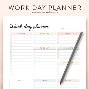 Work Day Planner Printable Work Planner Template, Work Day Organizer Printable Daily Planner Work To Do List Note Planner Office Organizer