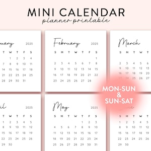 2025 Minikalender druckbar, 2025 Kalenderkarte 3 x 3 Zoll, Minikalenderaufkleber, Taschenkalender Sonntag und Montag Start, Journaling PDF SVG