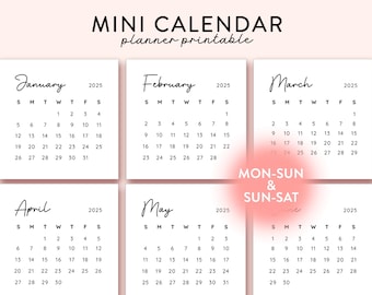 May include: A printable mini calendar for the year 2025. Each month is displayed on a separate white square with black text. The calendar is designed for a Monday-Sunday week format, with the option to use either a Monday-Sunday or Sunday-Saturday weekend format.