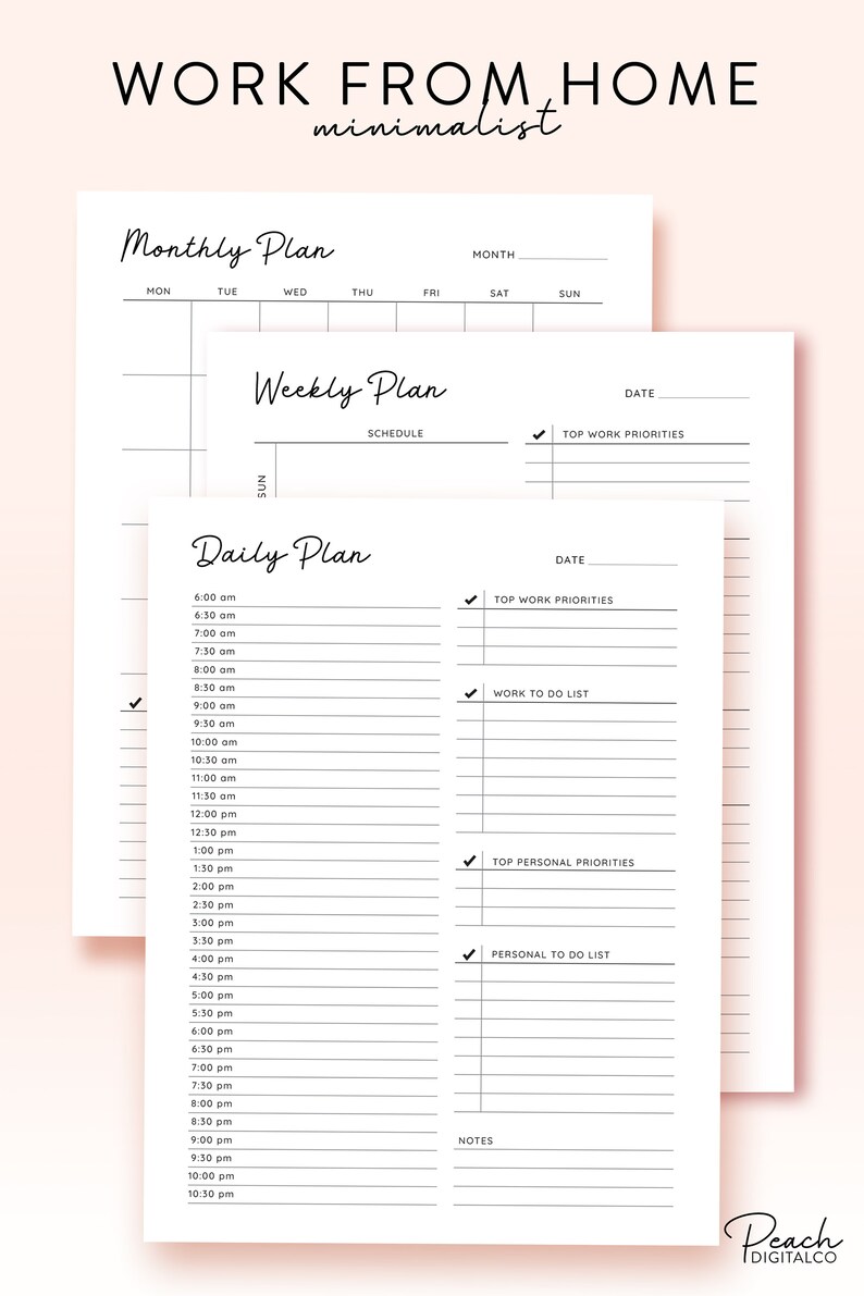 Monthly Weekly Printable Work From Home Planner Personal Daily Planner, Productivity Planner, Daily Hourly Planner, Work Daily Planner