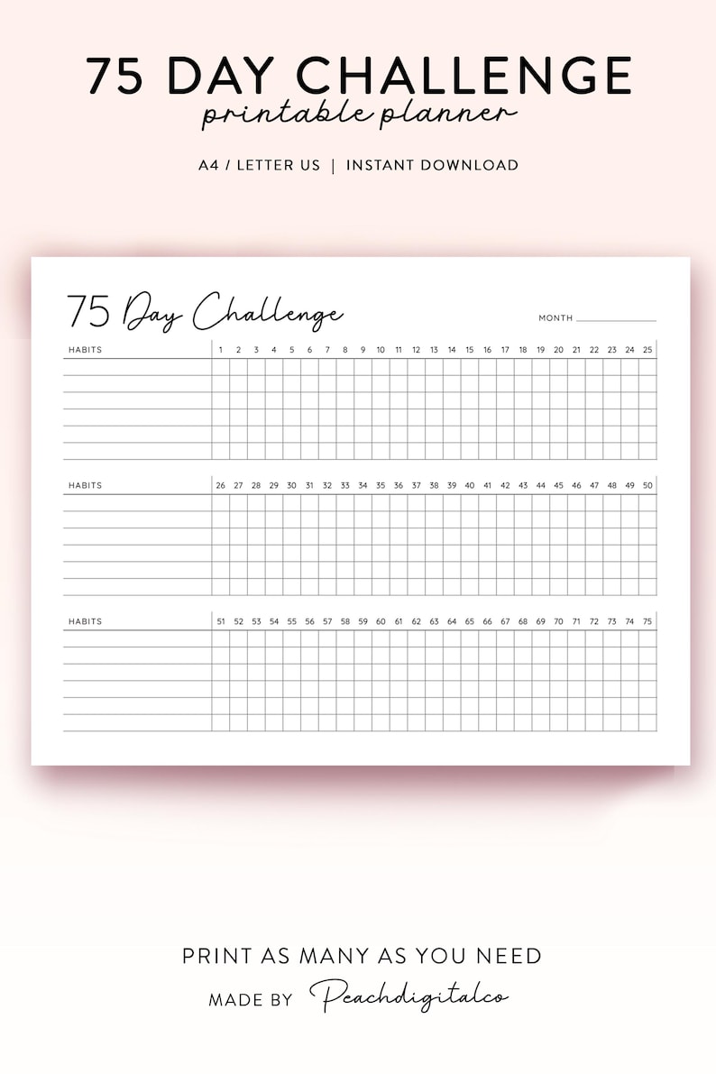75 Day Challenge Printable, Daily 75 Day Challenge journal, 75 Soft Challenge Tracker, Health and Fitness Goals, Habit Tracker, Diet Tracker