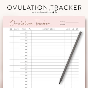 Op de afbeelding: Een printbare ovulatietracker met een roze koptekst en een zwart potlood. De tracker bevat kolommen voor cyclusdag, datum, tijd, baarmoederhalsslijm, LH-teststrips en een sectie voor het bijhouden van lage, hoge en piek vruchtbaarheid.