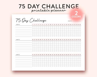 75 日間チャレンジ 印刷可能な横長ページ、毎日の 75 日間チャレンジ ジャーナル、75 ソフト チャレンジ トラッカー、健康とフィットネスの目標、習慣トラッカー