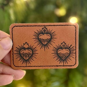 Sacred Hearts Iron On Patch Faux Leather Holy Family Catholic Religious Gift Immaculate Heart of Mary Chaste Heart of Joseph Devotional