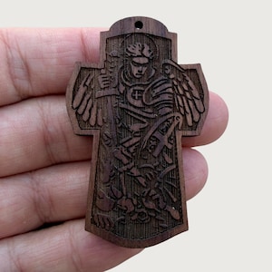St Michael Archangel Walnut Wood Pendant Engraved Shield St George Crucifix for Chaplets and Necklaces Catholic DIY Jewelry Jerusalem Cross