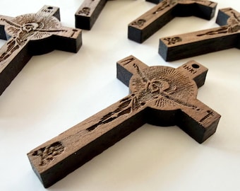 Walnut Wood Crucifix Rosary Making Supplies Catholic Diy Jewelry Component Pardon Cross Charm Sacred Heart Pendant Memento Mori Devotional