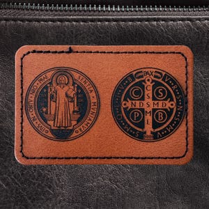 Saint Benedict Medal Patch Protection Gear Faux Leather Iron On Patch Catholic Confirmation Gift Mens EDC Gear Benedictine Cross Devotional