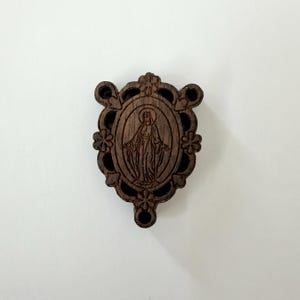 Walnut Wood Religious Component Laser Engraved Centerpiece Miraculous Medal Design Guadalupe Oval Frame Natural Wood Rosary Supply Floral Border Detail Catholic Jewelry Making Material Chaplet Creation Component Prayer Bead Assembly Supply