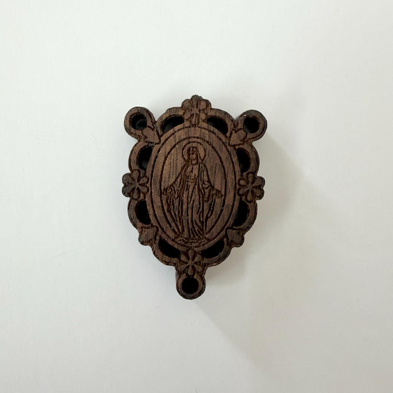 Walnut Wood Religious Component Laser Engraved Centerpiece Miraculous Medal Design Guadalupe Oval Frame Natural Wood Rosary Supply Floral Border Detail Catholic Jewelry Making Material Chaplet Creation Component Prayer Bead Assembly Supply