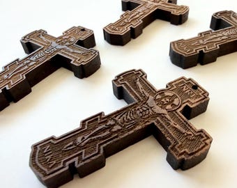 Wooden Orthodox Crucifix Pendant Necklace Christian Jewelry Religious Gift Prayer Item Walnut Wood Cross Design Skull Traditional Style