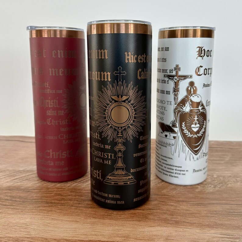 Catholic Tumbler Cup Insulated Stainless Steel Sacred Heart Monstrance Design Religious Drinkware Priest Gift Fathers Day Valentines Present Double Wall Construction Sweat Proof Technology Burgundy White Black Options Matching Straw Lid