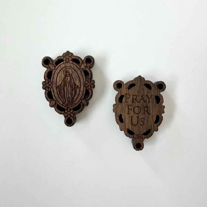 Miraculous Medal Centerpiece Walnut Wood Rosary Component Guadalupe Design Oval Frame Religious Craft Supply Laser Engraved Natural Wood Detail Floral Border Pattern Catholic Jewelry Making Material Chaplet Assembly Supply Prayer Bead