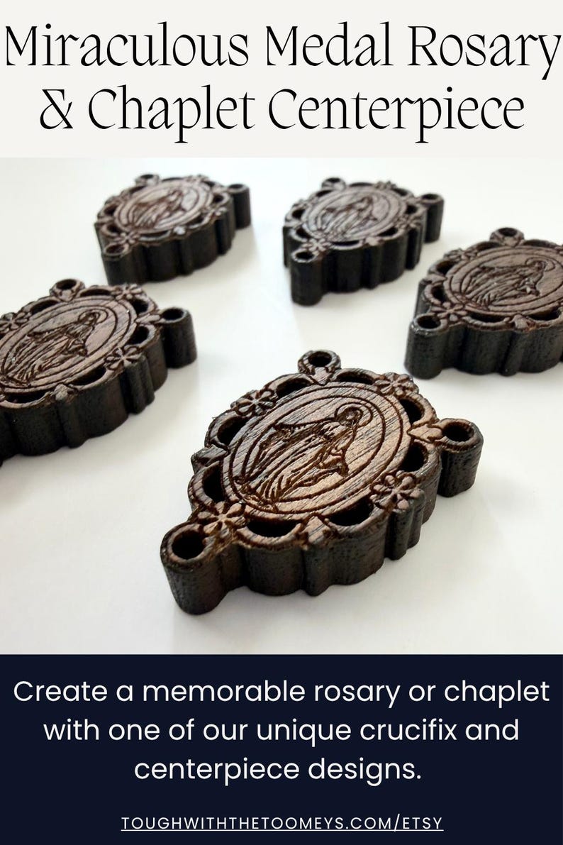 May include: Wooden rosary centerpieces with a detailed engraving of a religious figure. The dark brown pieces are oval-shaped with decorative edges and a hole for stringing. The image also includes the text "Miraculous Medal Rosary & Chaplet Centerpiece".