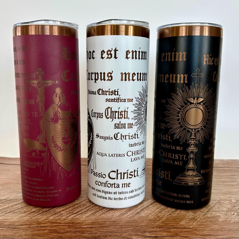 Sacred Heart Design Catholic Tumbler Stainless Steel Construction Double Wall Insulation Religious Imagery Monstrance Artwork Latin Prayers Crucifix Details Priest Gift Spiritual Present Faith Inspired Drinkware Travel Cup Hot Cold Beverage
