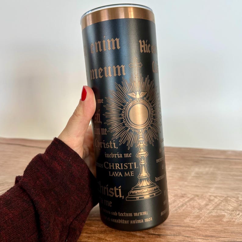 Religious Drinkware Collection Catholic Tumbler Cup Sacred Heart Design Monstrance Imagery Stainless Steel Construction Double Wall Insulation Sweat Proof Technology Travel Mug Daily Use Faith Inspired Gift Priest Present Ordination Gift