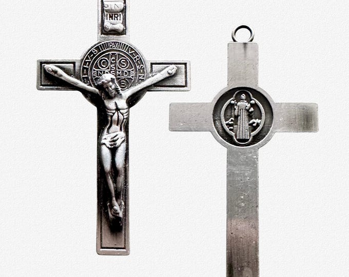 St Benedict Crucifix Pendant Large Silver Protection Cross Necklace ...