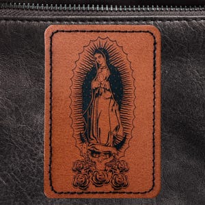 Guadalupe Leather Patch Catholic Symbol Faith Accessory Religious Decoration Tilma Symbol Lady Guadalupe Virgin Mary Applique Design Brown