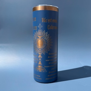 Catholic 20 oz Tumbler Cup Insulated Stainless Steel Sacred Heart Monstrance Design Religious Priest Gift Fathers Day Blue