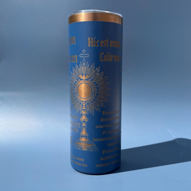 Catholic 20 oz Tumbler Cup Insulated Stainless Steel Sacred Heart Monstrance Design Religious Priest Gift Fathers Day Blue