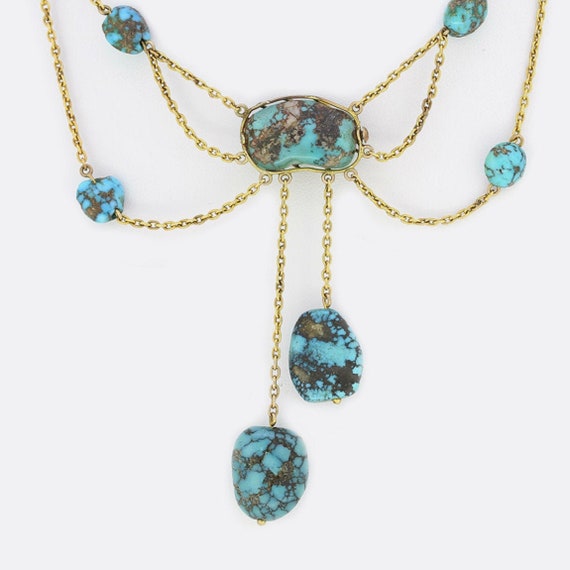 Antique 9ct Yellow Gold Rough Turquoise Drop Neckl
