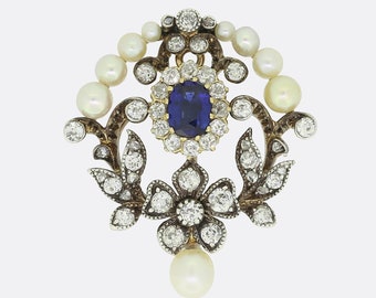 Victorian Sapphire Diamond and Pearl Pendant