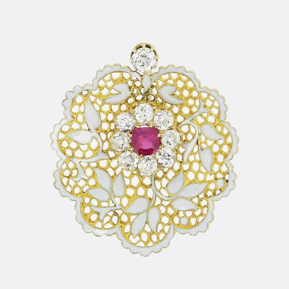 Art Nouveau Ruby Diamond and Enamel Pendant - image 1