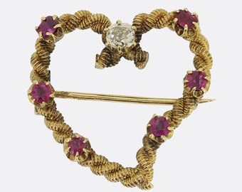 Victorian Ruby and Diamond Heart Brooch