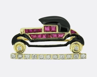 Vintage Ruby Onyx and Diamond Classic Car Brooch