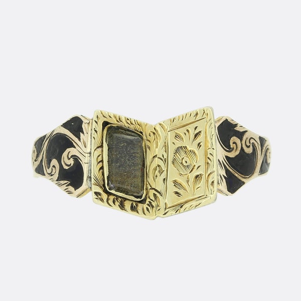 Early Victorian Black Enamel Book Locket Mourning Ring