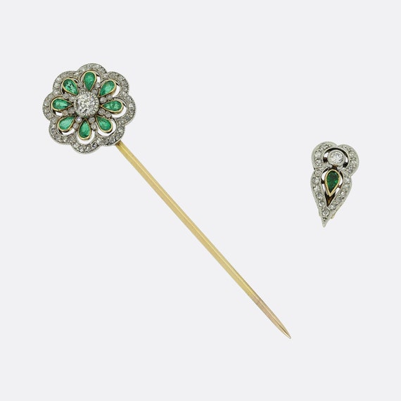 Edwardian Emerald and Diamond Jabot Pin - image 4