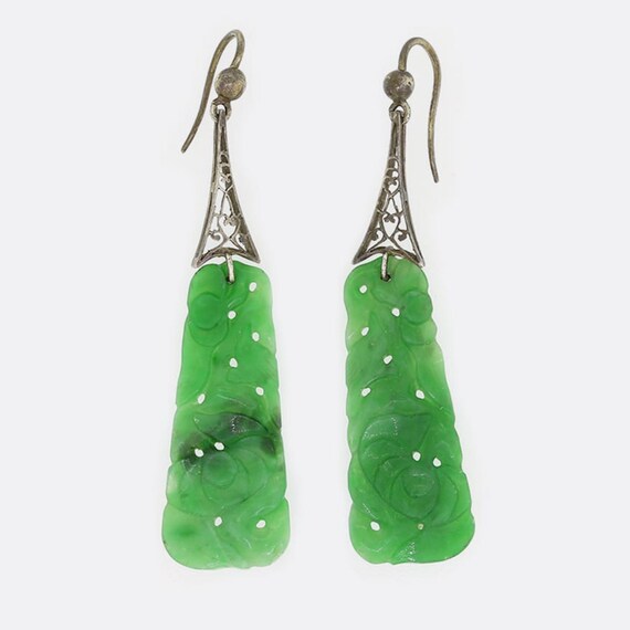 Art Deco Silver Carved Jade Drop Earrings