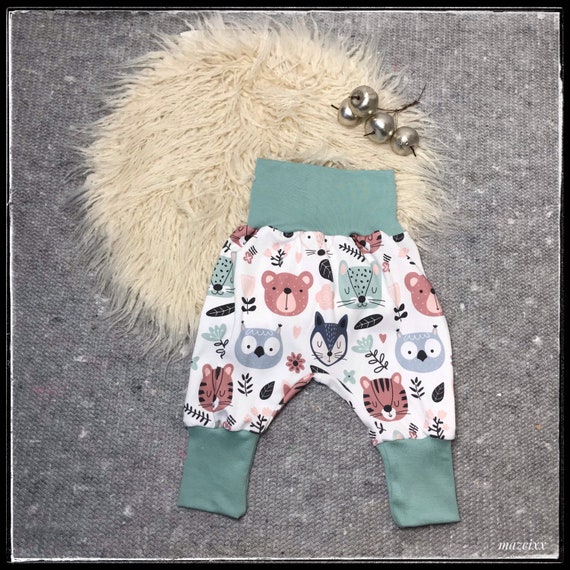 Pumphose Baby Jersey Tiere Katze Eule Maus Bär Tiger Naturfreunde mint grün creme Mitwachshose bequem unisex 100% Baumwolle
