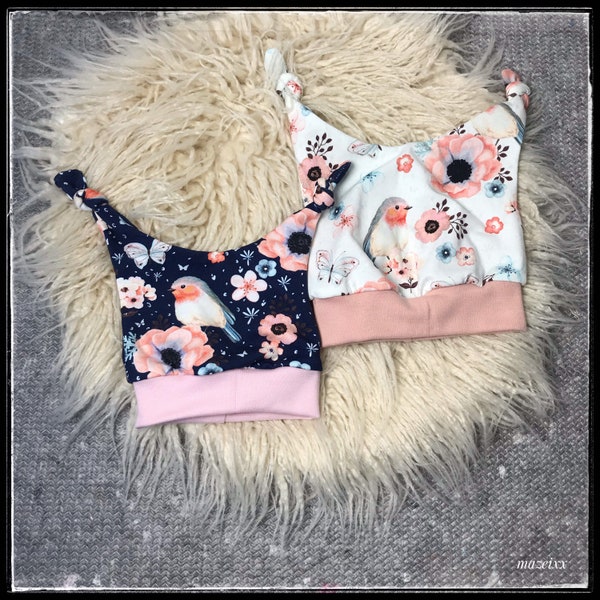 Knotenmütze Baby Baumwolljersey Rotkehlchen creme rosa dunkelblau Vögel Blumen KU 37-50cm Bündchen Mädchen