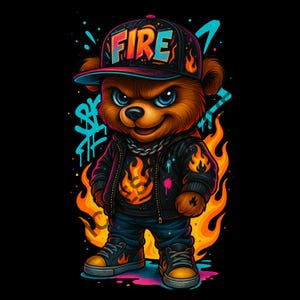 FIRE BEAR Clip Art Hip Hop Streetwear Teddy Graffiti Flame Jacket Art numérique Cool Urban Bear Sublimation Design idéal pour les t-shirts
