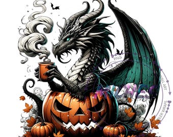 Clipart Coffee Dragon : citrouille d'Halloween douillette - Feuilles d'automne