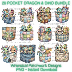 20 Pocket Dragon Dino Clipart Bundle, Patchwork Fantasy PNG, wunderliche Kinderzimmer Taschentiere Download