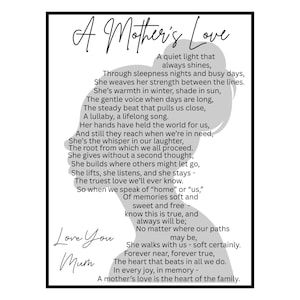 MUTTER GEDICHT Printable Die Liebe einer Mutter ist das Herz der Familie - Muttertagsgeschenk Digitaler Download Sentimentales Geschenk für Mama zum Ausdrucken