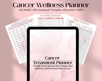 Op de afbeelding: Een digitale Cancer Wellness Planner met een roze bloemenachtergrond. De planner bevat een wekelijkse tracker, een stralingstracker en een pijn tracker. De tekst op de tablet luidt "Cancer Treatment Planner" met een inspirerende quote.