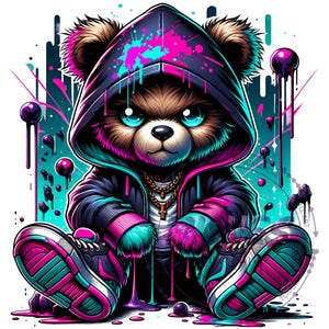 Neon Hip Hop Nallebjörn Clipart – Graffiti Drip PNG (Digital Nedladdning)