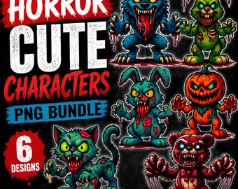 Peut inclure: Un ensemble d'art numérique avec six "Horror Cute Characters" au format PNG. Les créations comprennent un loup-garou bleu, des lapins zombies verts et turquoise, une citrouille d'Halloween, un chat zombie turquoise et un ours en peluche rouge. Le texte indique "6 Designs".