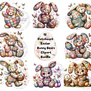 Peut inclure: Ensemble de 12 illustrations de lapins de Pâques en patchwork. Les lapins sont dans diverses poses, tenant des œufs et des paniers de Pâques, entourés de fleurs et de papillons. Les ours sont en tissu patchwork coloré.